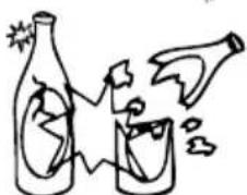Simple line drawing of two bottles and a glass with bubbles, no text or symbols present.
