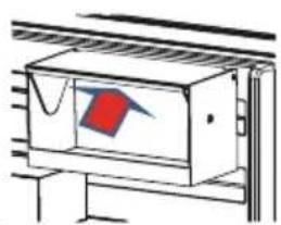 Diagram of a mechanical or electrical component with a red arrow pointing to a housing (no text or symbols present).