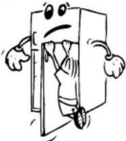 Cartoon illustration of a character peeking out of a door, arms wide apart (no text or symbols).