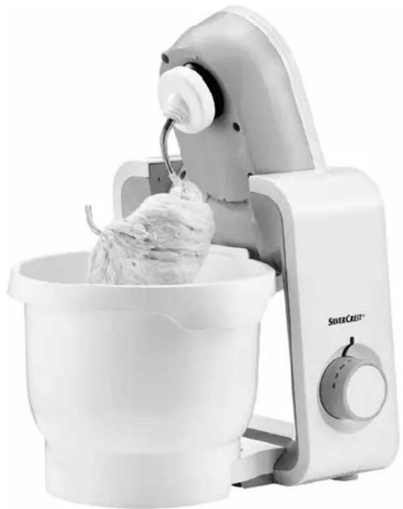 White Silver Crest® kitchen mixer with ice cream being inserted into a bucket (no visible text or symbols)