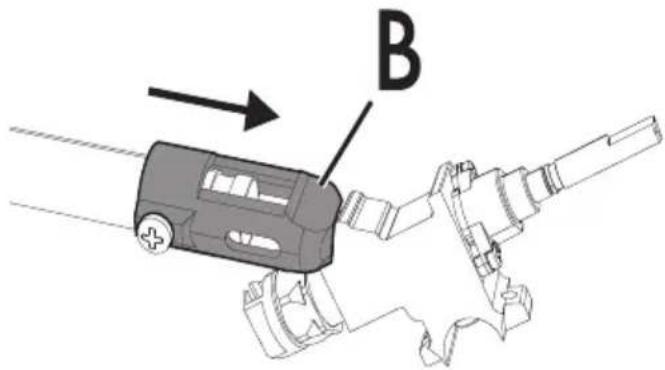 Diagram of a vehicle with labeled component B, showing internal components and motion direction (no text or symbols beyond label)