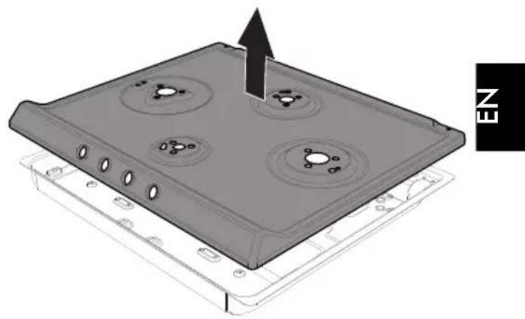 3D rendering of a computer monitor base with four circular vent holes and an arrow pointing to the top panel (no text or symbols)