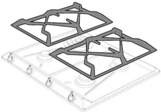 3D technical illustration of a gas stove frame with two structural brackets (no text or symbols)