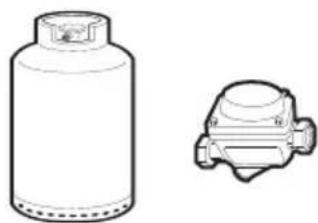 Line drawing of a gas cylinder and a mechanical component (no text or symbols)