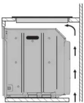 Technical diagram of a mechanical or electrical enclosure with directional arrows indicating movement (no text or symbols)