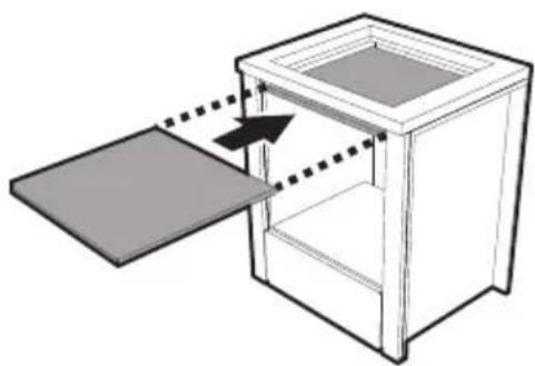 Diagram of a cabinet with an open lid and dashed arrows indicating movement or force (no text or symbols)