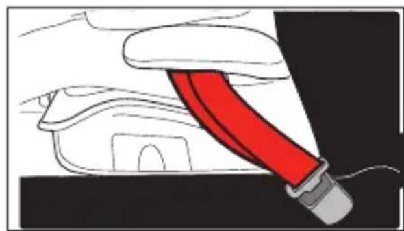 Diagram of a red cable being inserted into a car's seat (no text or symbols)