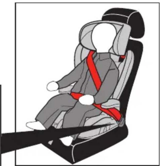Illustration of a person wearing a car seatbelt and red belt, seated in a car seat (no text or symbols)