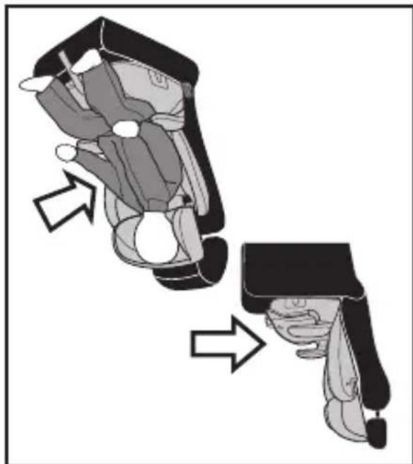 Diagram showing a hand holding a car with arrows indicating motion or force direction (no text or symbols present)