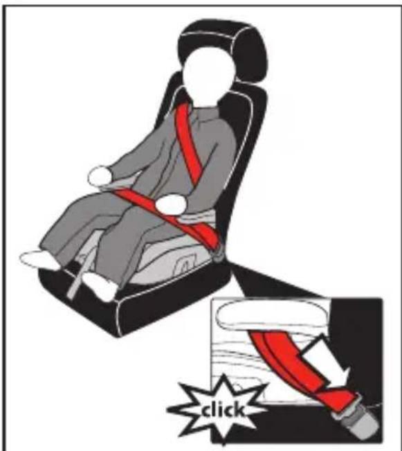 Illustration of a person in a car seatbelt seat with red straps, showing a click button (no text or symbols on the diagram itself)
