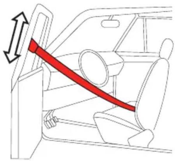 Diagram of a car interior showing a red belt buckle and seatbelt, with no text or symbols present.