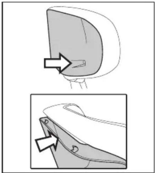 Technical illustration showing a mechanical component with an arrow indicating a feature, and a close-up of its side profile (no text or symbols present)