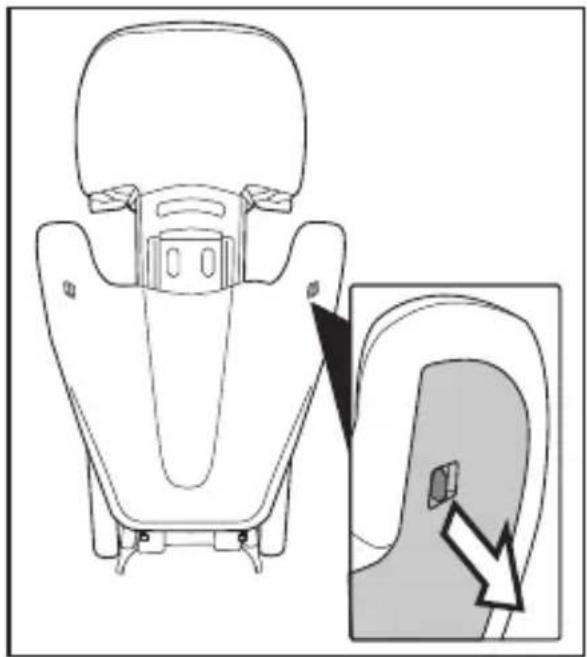Line drawing of a car seat assembly with a magnified inset showing the side view of the seat (no text or symbols)