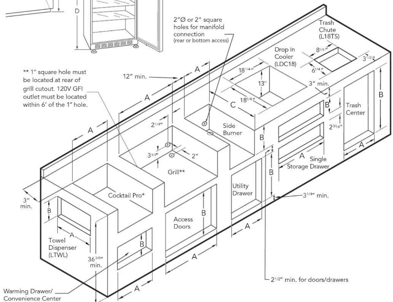 2"Ø or 2" square holes for manifold connection (rear or bottom access) ** 1" square hole must be located at rear of grill cutout. 120V GFI outlet must be located within 6' of the 1" hole. 12" min. A B C Side Burner Drash Chute (L18TS) Drop In Cooler (LDC18) 8½" 6½" 3½" min. B Trash Center 2³/₁₆" Single Storage Drawer 3½" min. B Grill** Cocktail Pro* Towel Dispenser (LTWL) Access Doors Utility Drawer 3½" min. A B A A A Warming Drawer/ Convenience Center 2½" min. for doors/drawers