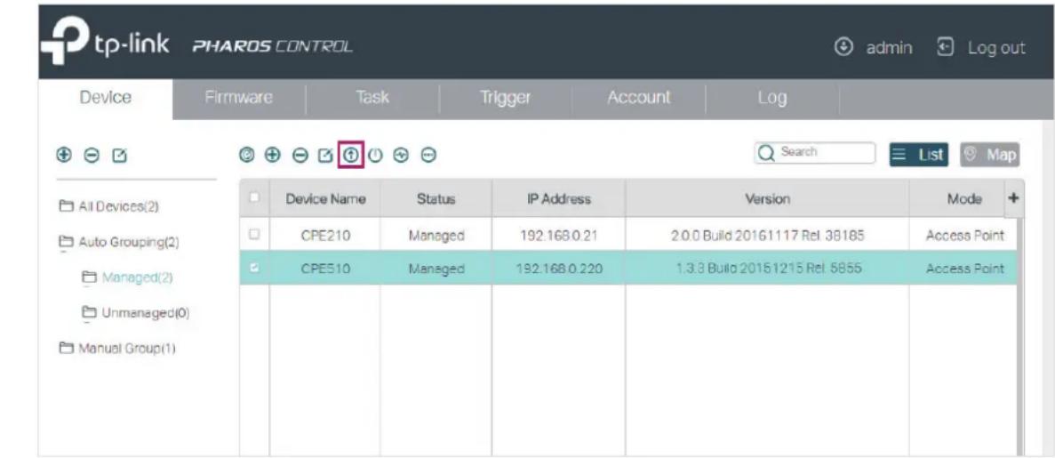 tp-link PHAROS CONTROL admin Log out Device Firmware Task Trigger Account Log All Devices(2) Auto Grouping(2) Managed(2) Unmanaged(0) Manual Group(1) Device Name Status IP Address Version Mode CPE210 Managed 192.168.0.21 2.0.0 Build 20161117 Rel. 38185 Access Point CPE510 Managed 192.168.0.220 1.3.3…