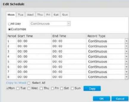 Edit Schedule Mon Tue Wed Thu Fri Sat Sun ○All Day Continuous ●Customize Period Start Time End Time Record Type 1 00:00 00:00 Continuous 2 00:00 00:00 Continuous 3 00:00 00:00 Continuous 4 00:00 00:00 Continuous 5 00:00 00:00 Continuous 6 00:00 00:00 Continuous 7 00:00 00:00 Continuous 8 00:00 00:00…