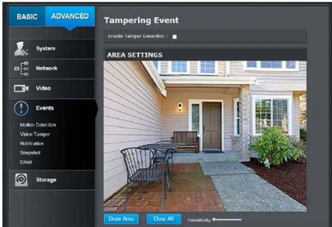 BASIC ADVANCED Tampering Event Enable Tamper Detection : AREA SETTINGS Draw Area Clear All Sensitivity