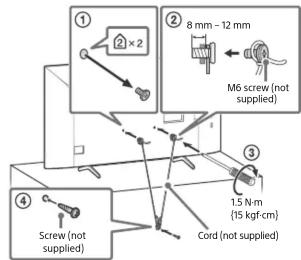 ① 2×2 ② 8 mm - 12 mm M6 screw (not supplied) ③ 1.5 N-m {15 kgf·cm} ④ Screw (not supplied) Cord (not supplied)