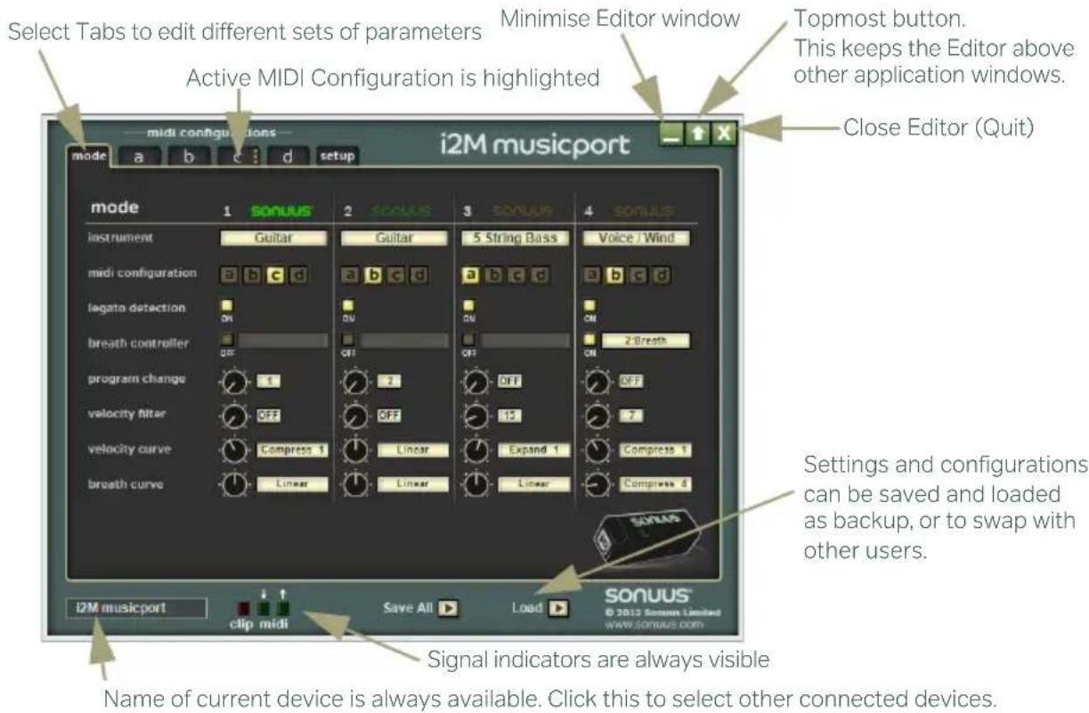 Select Tabs to edit different sets of parameters Active MIDI Configuration is highlighted Miniise Editor window Topmost button. This keeps the Editor above other application windows. Close Editor (Quit) i2M musicport mode a b c d setup mode 1 SONUUS 2 SONUUS 3 SONUUS 4 SONUUS instrument Guitar Guitar 5 String Bass Voice / Wind midi configuration a b c d a b c d a b c d a b c d legato detection ON DV ON breath controller OFF OFF 2-Breath program change 1 2 OFF OFF velocity filter OFF OFF 12 7 velocity curve Compress 1 Linear Expand 1 Compress 1 breath curve Linear Linear Linear Compress 8 SONUUS i2M musicport clip midi Save All Load SONUUS® © 2013 Sonuus Limited www.sonuus.com Signal indicators are always visible Name of current device is always available. Click this to select other connected devices.