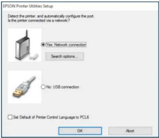 Налаштування утиліт принтера EPSON Виявити принтер і автоматично налаштувати порт. Чи підключено принтер через мережу? ● Так: мережеве з'єднання Параметри пошуку... ○ Ні: з'єднання USB □ Встановити мову опису сторінки PCL6 за замовчуванням OK Скасувати