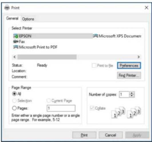 Друк Загальні параметри Виберіть принтер EPSON Microsoft XPS Documen Факс Microsoft Print to PDF Стан: Готовий Друк у файл Налаштування Розташування: Коментар: Діапазон сторінок Все Виділення Поточна сторінка Сторінки: 1 Введіть номер сторінки або діапазон сторінок. Наприклад, 5-12 Кількість копій:…