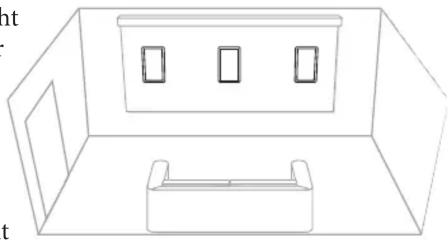 Simple line drawing of a room interior with three windows and a side table (no text or symbols)