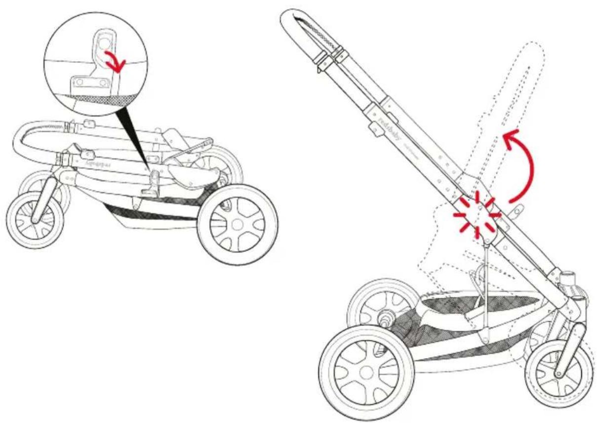 Technical diagram showing two stroller models with labeled parts and directional arrows indicating motion or adjustment.