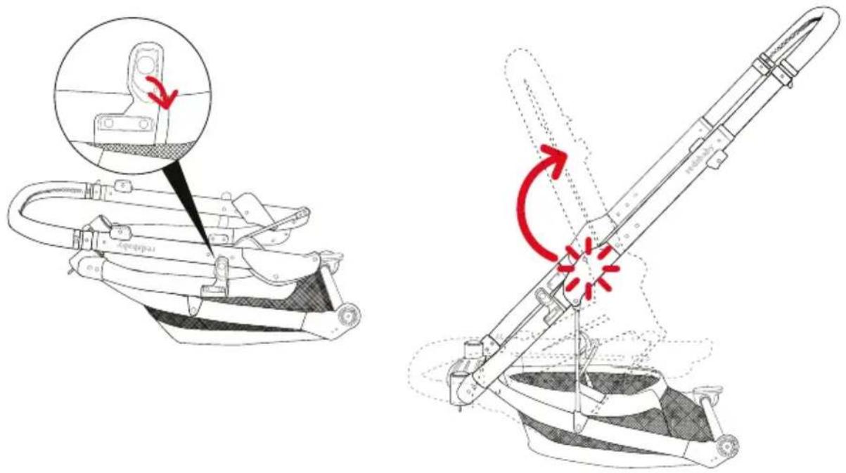 Technical diagram illustrating a mechanical device with red arrows indicating motion or force, alongside a magnified view of the component being assembled.