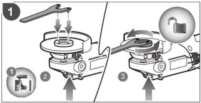 Diagram illustrating three-step mechanical assembly process: tool, press, and lock mechanism with labeled steps 1, 2, and 3.
