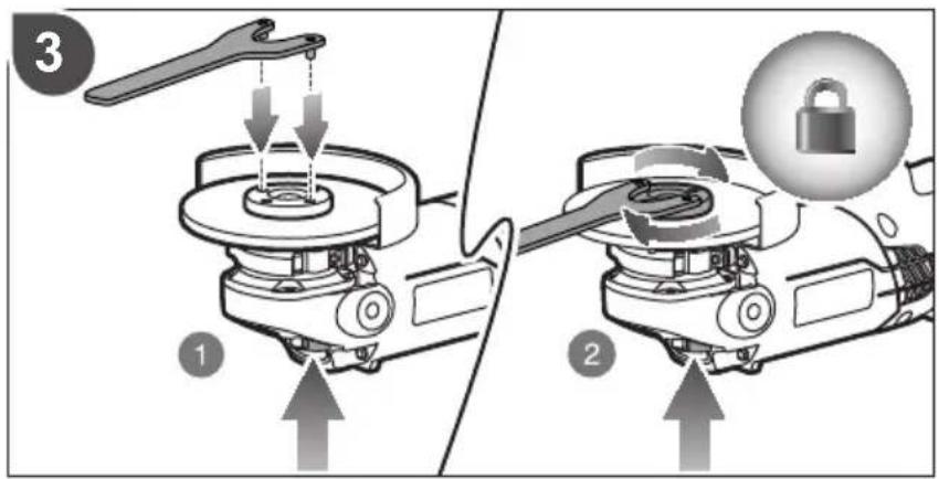 Diagram illustrating mechanical assembly steps with labeled parts and lock icon