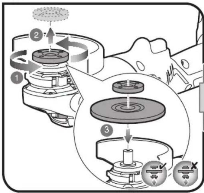 Technical diagram illustrating mechanical assembly steps with numbered components and directional arrows