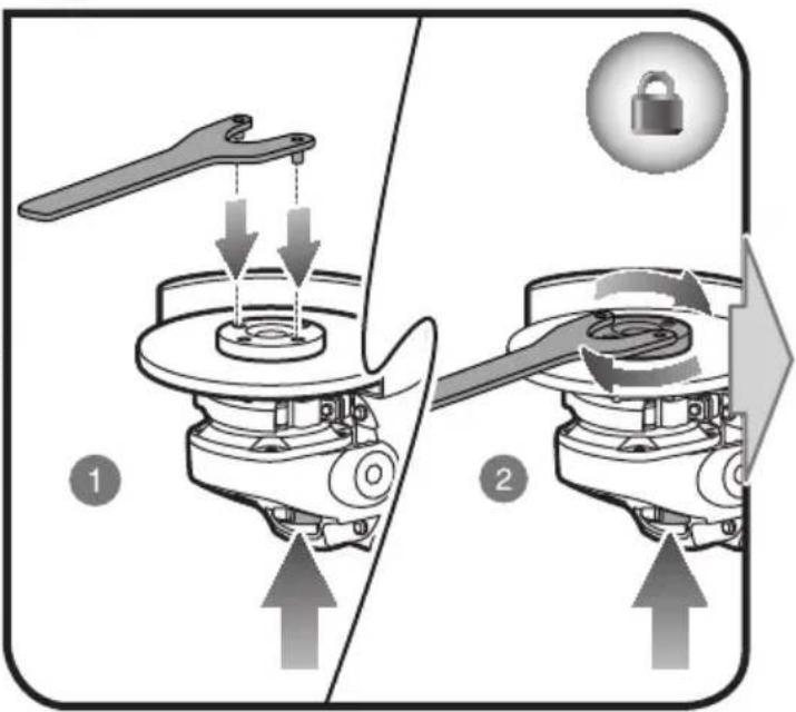 Diagram illustrating mechanical assembly steps with labeled components and directional arrows