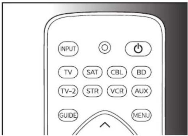 INPUT TV SAT CBL BD TV-2 STR VCR AUX GUIDE MENU