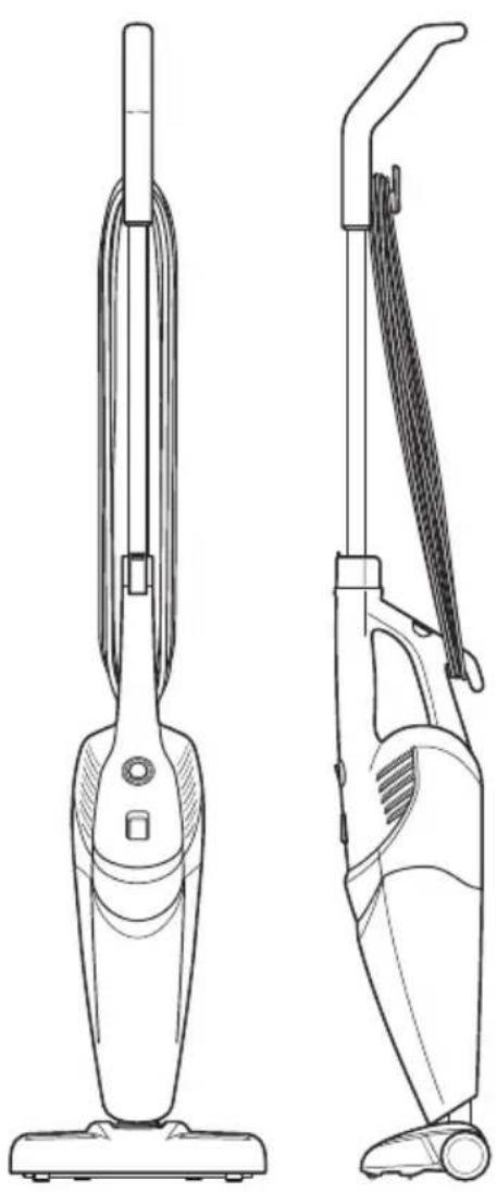 Line drawing of a two-wheeled vacuum cleaner with side and front views (no text or symbols)