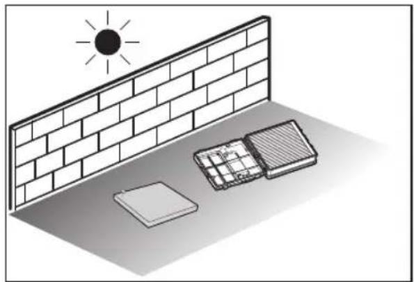 Isometric illustration of a sun shining on a brick wall and two small rectangular objects on a flat surface (no text or symbols)