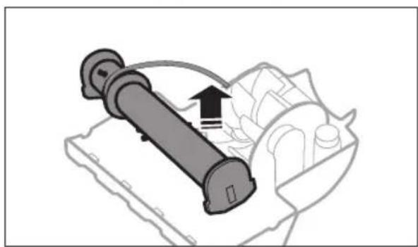 Illustration of a mechanical device with a cylindrical component and directional arrow, no text or symbols present