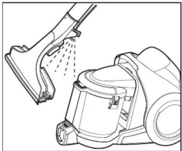Line drawing of a vacuum cleaner emitting powder from a spray bottle (no text or symbols)