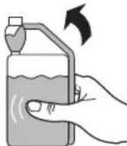 Hand holding a container with liquid and a funnel, no text or symbols visible