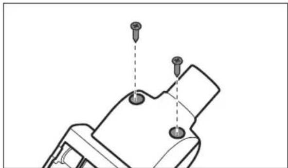 Technical line drawing of a mechanical component with two screw holes and dashed alignment lines (no text or symbols)