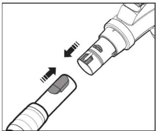 Diagram of a medical or laboratory device with two connected components, showing directional arrows indicating movement.