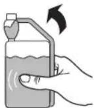 Hand holding a container with liquid and a funnel, no text or symbols visible