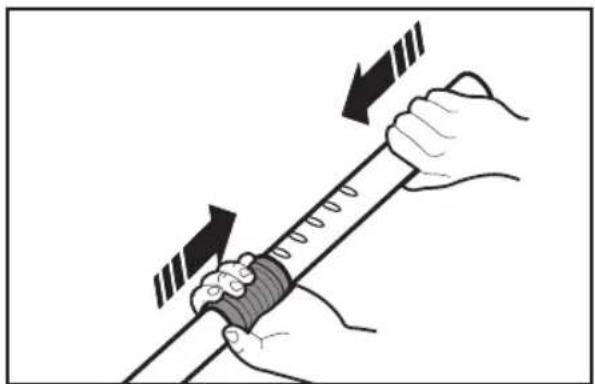 Illustration of hands holding a sword with motion arrows indicating movement (no text or symbols).