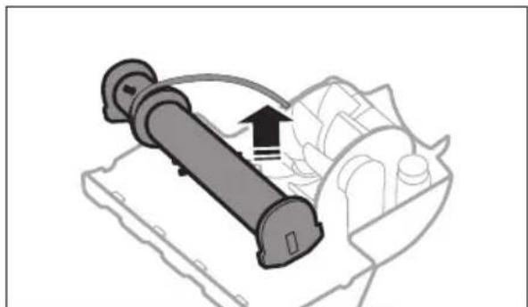 Diagram of a mechanical device with a cylindrical component and a directional arrow.