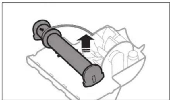 Illustration of a mechanical device with an arrow indicating motion or force, no text or symbols present
