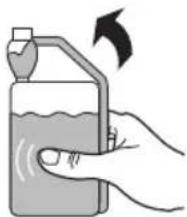 Hand holding a container with liquid and a funnel.