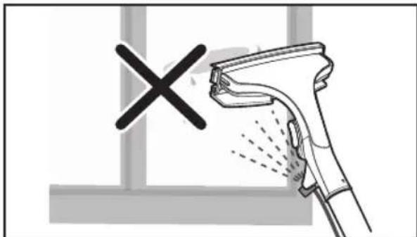 Diagram showing a spray gun spraying a window with an 'X' mark, indicating no spray or disinfection.