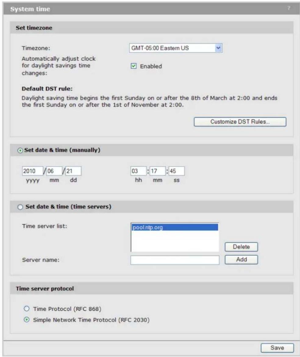 System time Set timezone Timezone: GMT-05:00 Eastern US Automatically adjust clock for daylight savings time changes: Enabled Default DST rule: Daylight saving time begins the first Sunday on or after the 8th of March at 2:00 and ends the first Sunday on or after the 1st of November at 2:00. Customi…