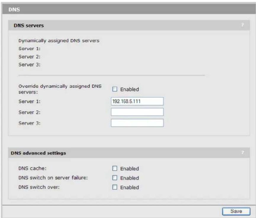 DNS DNS servers Dynamically assigned DNS servers Server 1: Server 2: Server 3: Override dynamically assigned DNS servers: Enabled Server 1: 192.168.5.111 Server 2: Server 3: