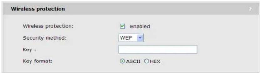 Wireless protection Wireless protection: Enabled Security method: WEP Key: Key format: ASCII HEX