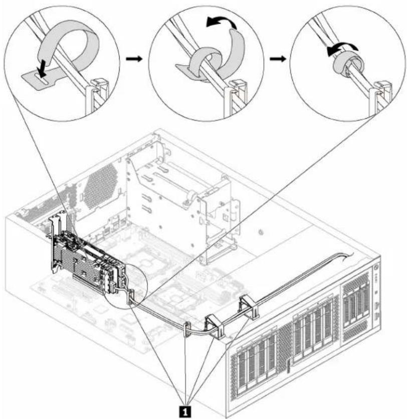 Technical diagram showing cable installation steps with magnified views of mechanical components and wiring connections